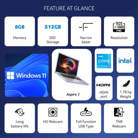 Acer Aspire 3 NX.K6TSI.00C Intel 12th Gen Core i3-1215U/8GB/512GB/15.6”/Win11 & MSO/SILVER/Without Bag/1Yrs - Image 2