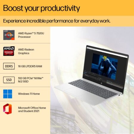 HP Laptop 15-FC0030AU-AMD Ryzen 5-7520U/16GB DDR-5/512GB SSD/15.6”/Win11 with MSO/2021/SILVER/1 Yrs - Image 9